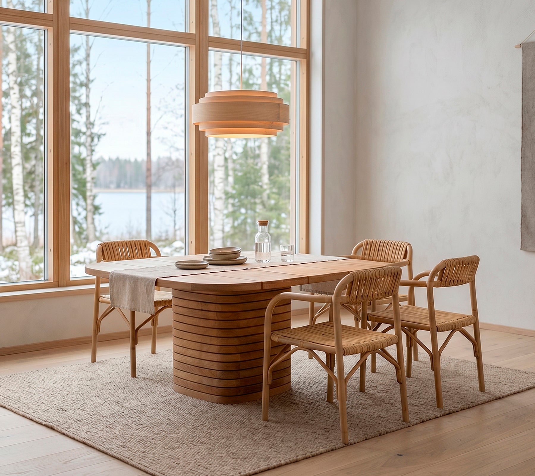 Moderne trebord i spisestuen omgitt av rattanstoler i en skandinavisk setting.
