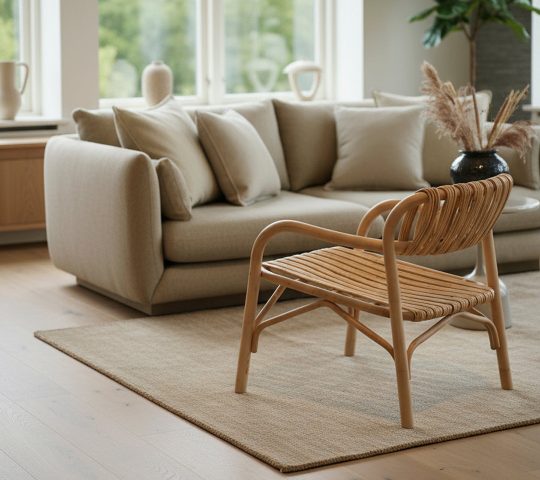 Moderne stue med en beige sofa og en vevd stol.