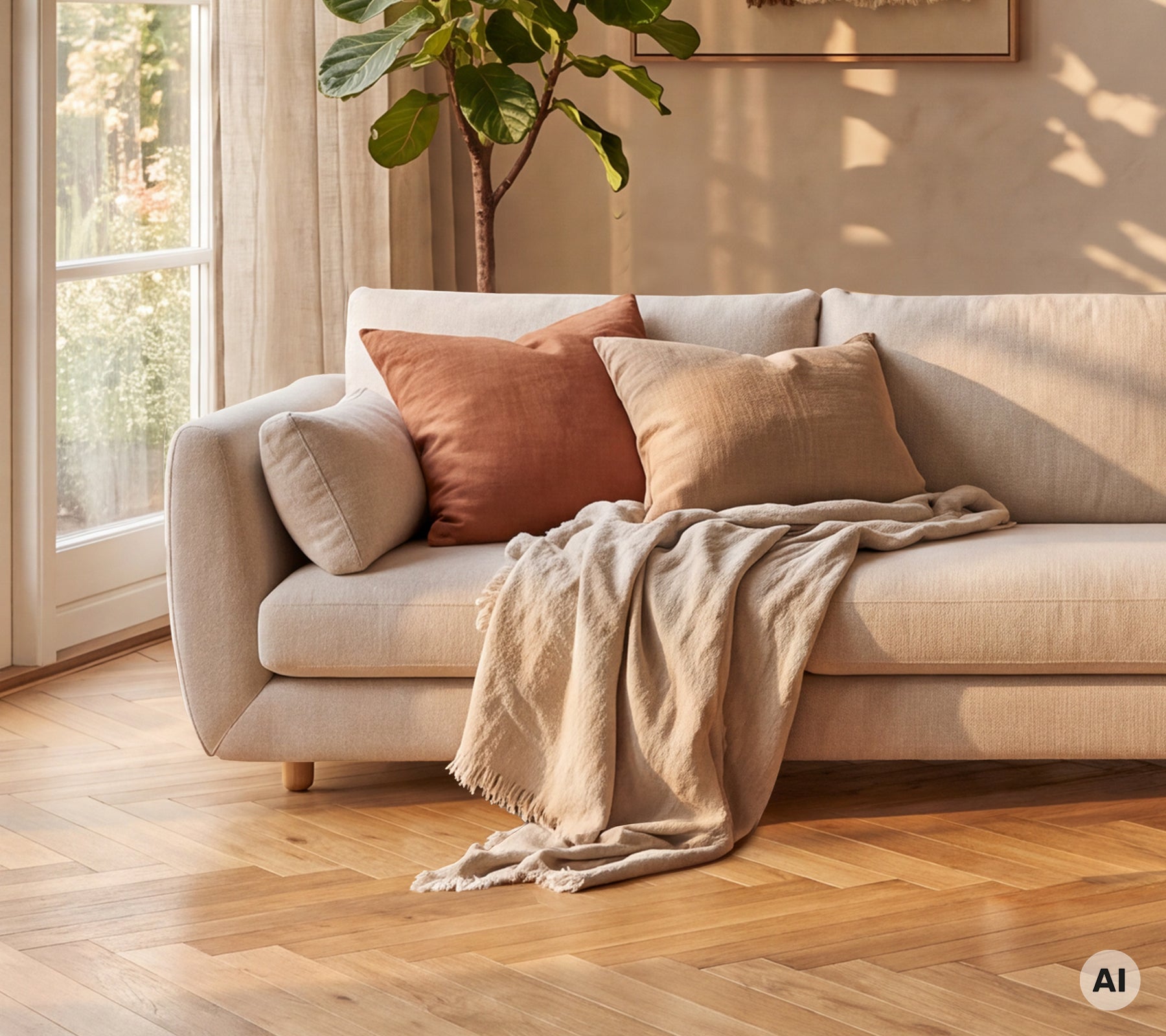Moderne beige sofa pyntet med brune og lysegrå puter, akzentuert med et kremfarget teppe.