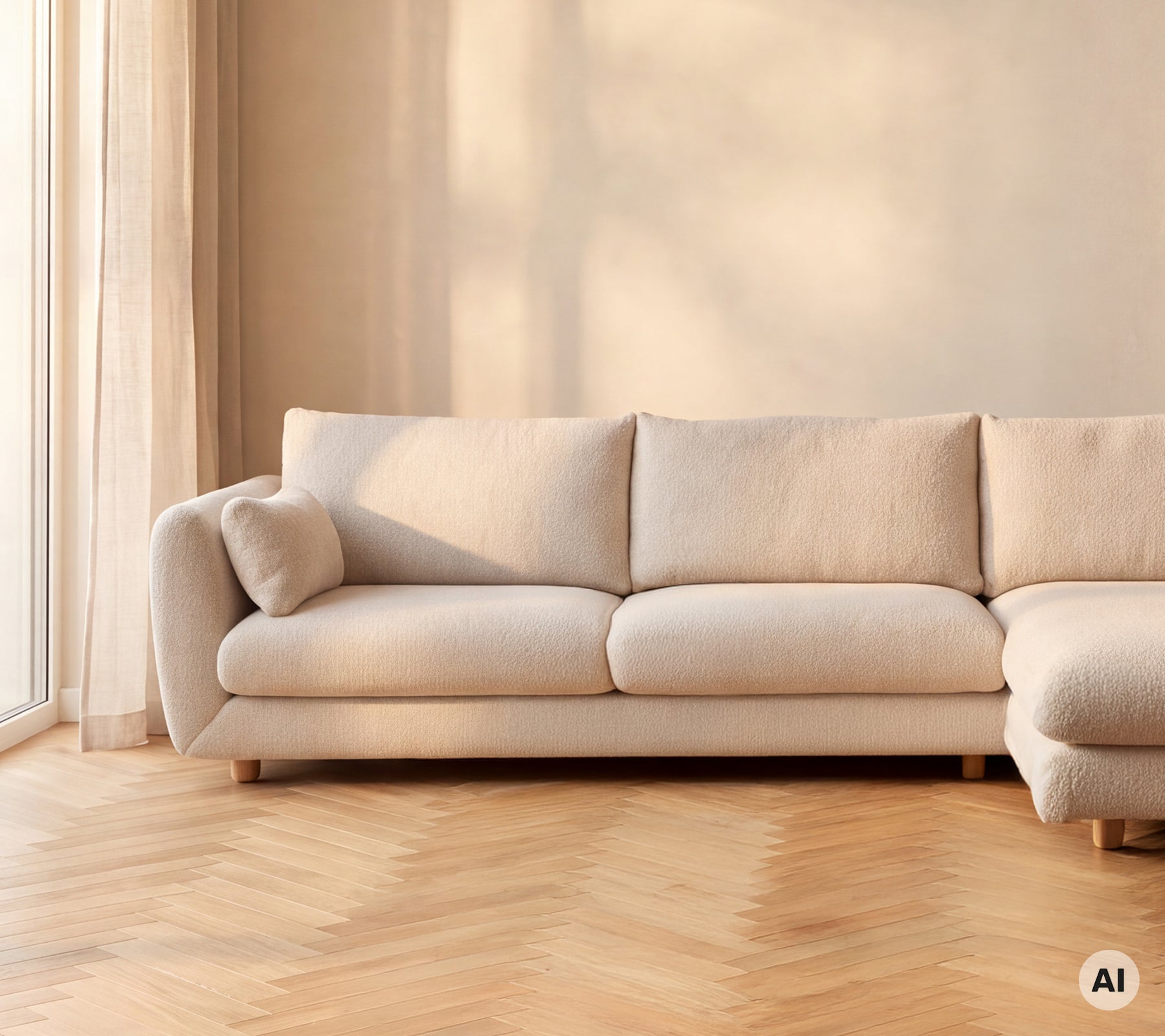 Beige sofa plassert mot en lys vegg i en moderne loungemiljø.
