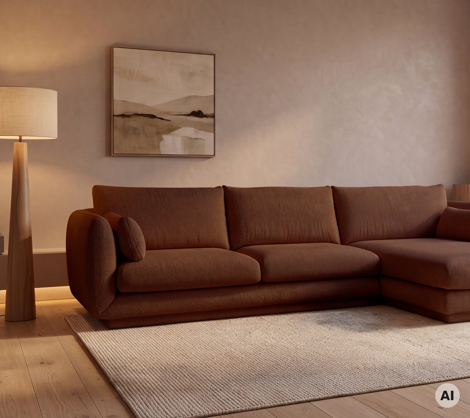 Brun moderne sofa med et beige teppe og en gulvlampe i en koselig lounge-setting.