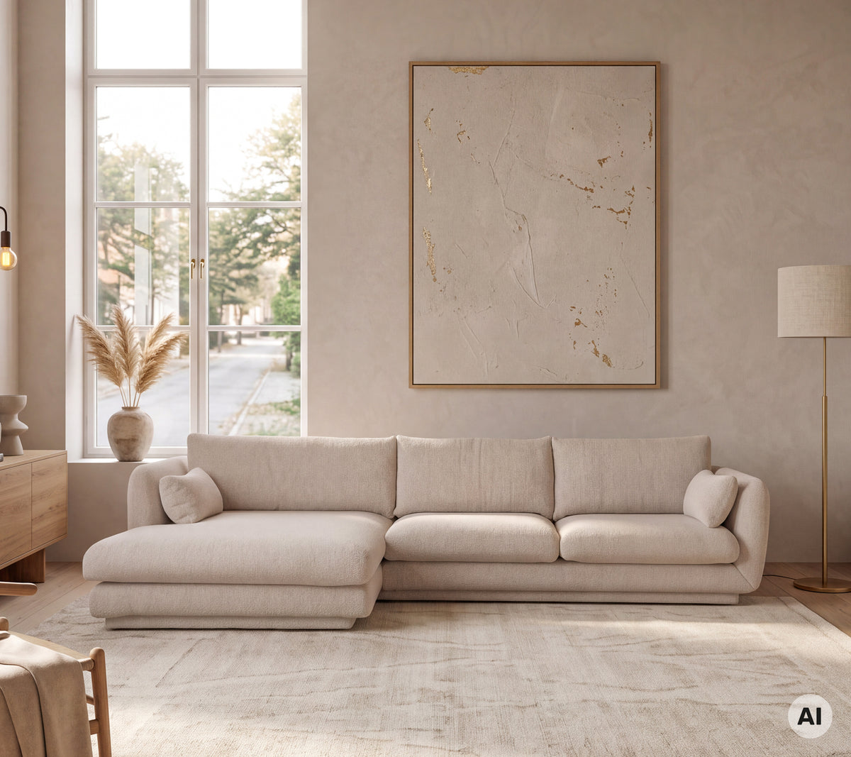 Lys beige seksjonssofa kombinert med en gulvlampe i et moderne lounge-miljø.