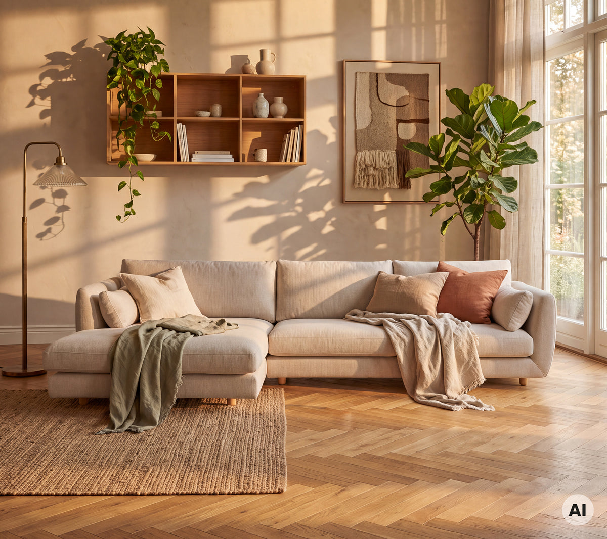 Lys grå sofa med grønne og rosa puter i en moderne loungestil.