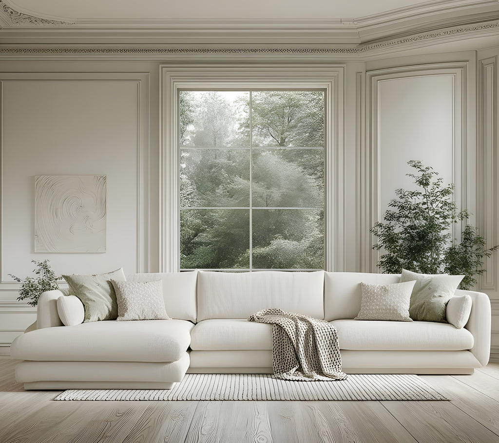 Moderne hvit sofa med grønne puter og et grått teppe i en minimalistisk stueinnredning.