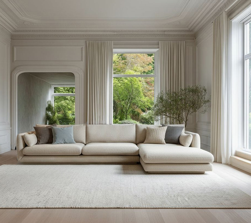 Beige moderne sofa med grå puter i en minimalistisk loungeinnredning.