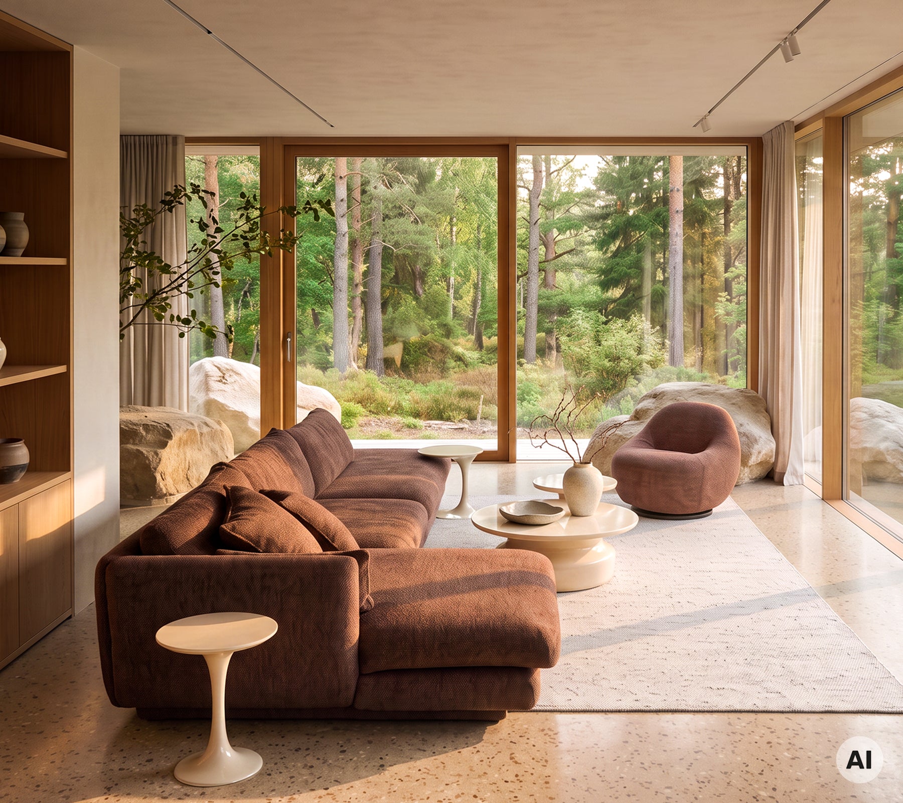 Moderne stue med en brun sofa, hvitt sidebord og brun lenestol.