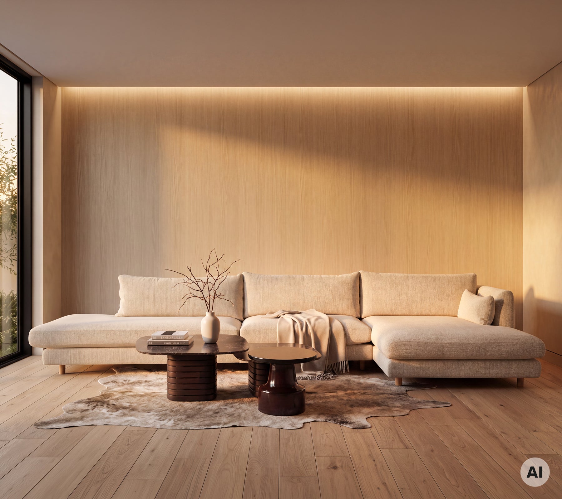 Moderne stue med en beige sofa, rund trebord og hvitt teppe.