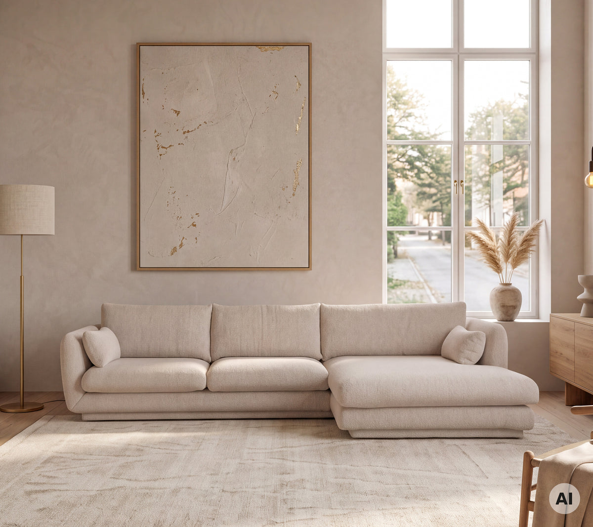 Beige moderne sofa i et minimalistisk lounge-miljø med store vinduer.