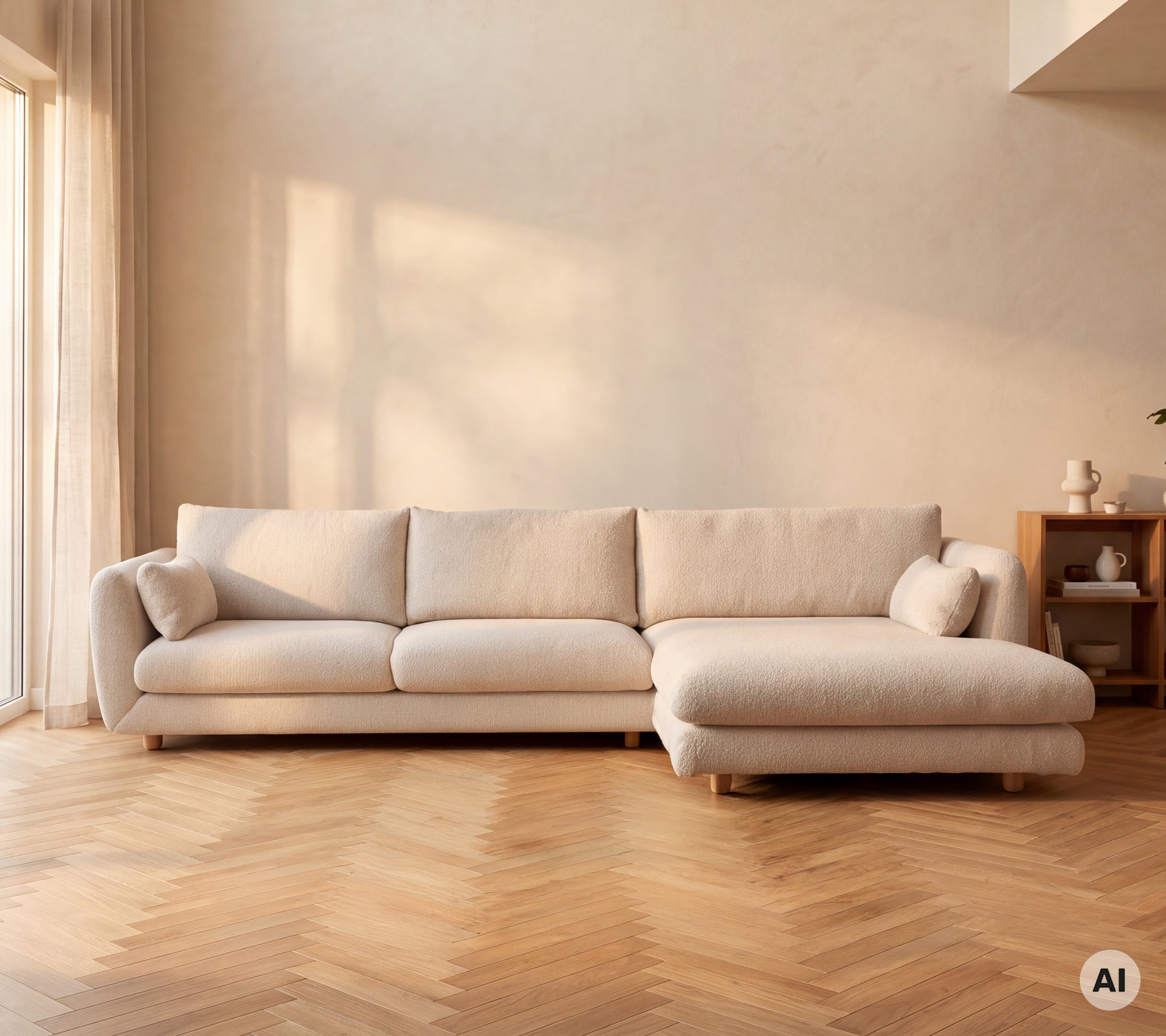 Beige moderne sofa plassert i et minimalistisk loungemiljø med varmt lys.