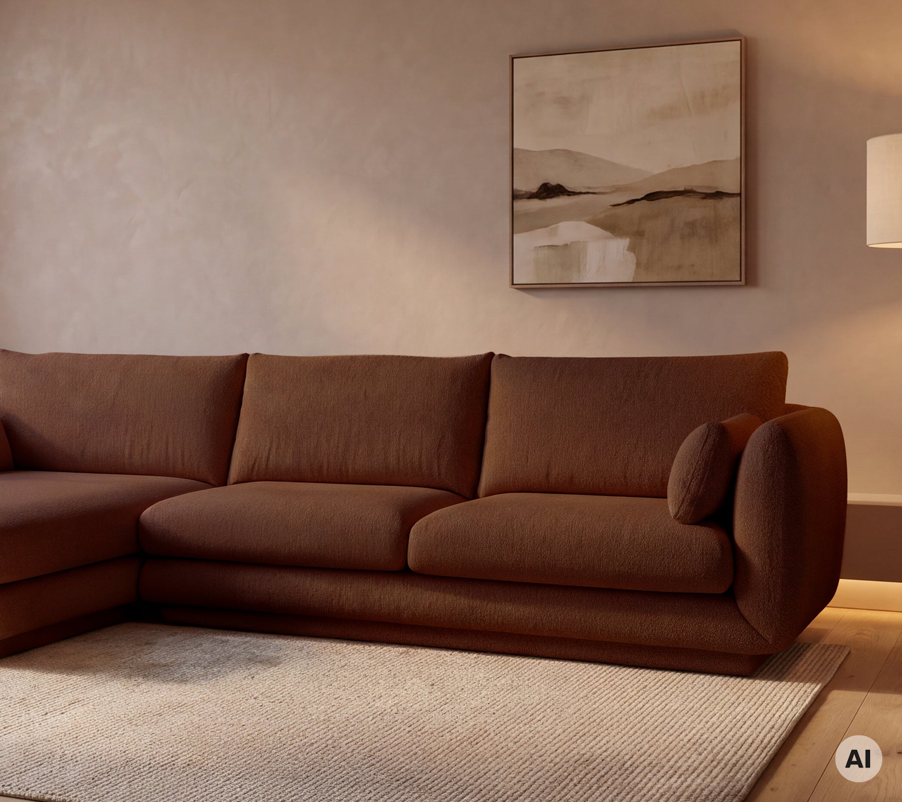Moderne brun sofa i en stilfull stuelandskap.