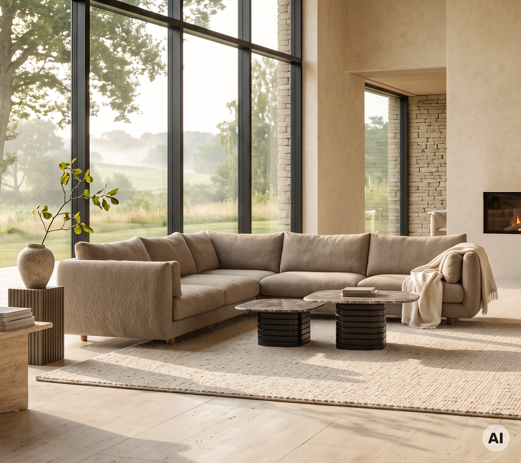 Beige seksjonssofa med gråt teppe, svarte sidebord og en rund vase i en moderne loungeinnstilling.