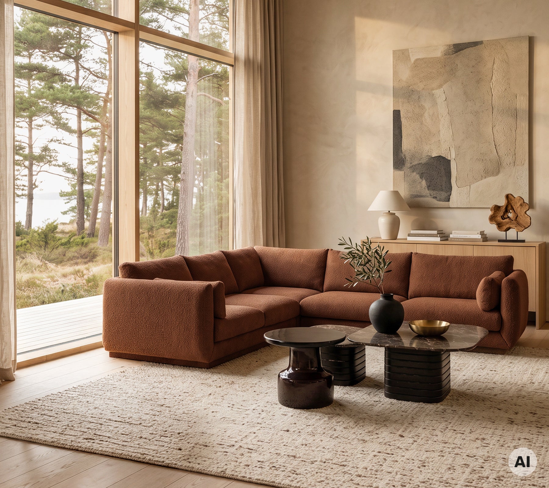 Moderne brun sofa med et svart kaffebord og dekorativ vase i en minimalistisk stue.