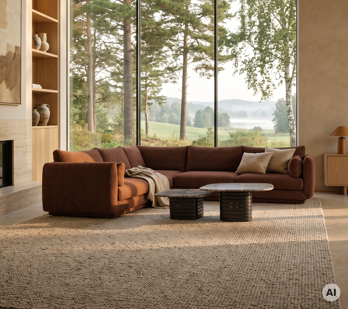 Moderne stueområde med en brun sofa, hvit pute, rundt kaffebord og svarte sidebord.