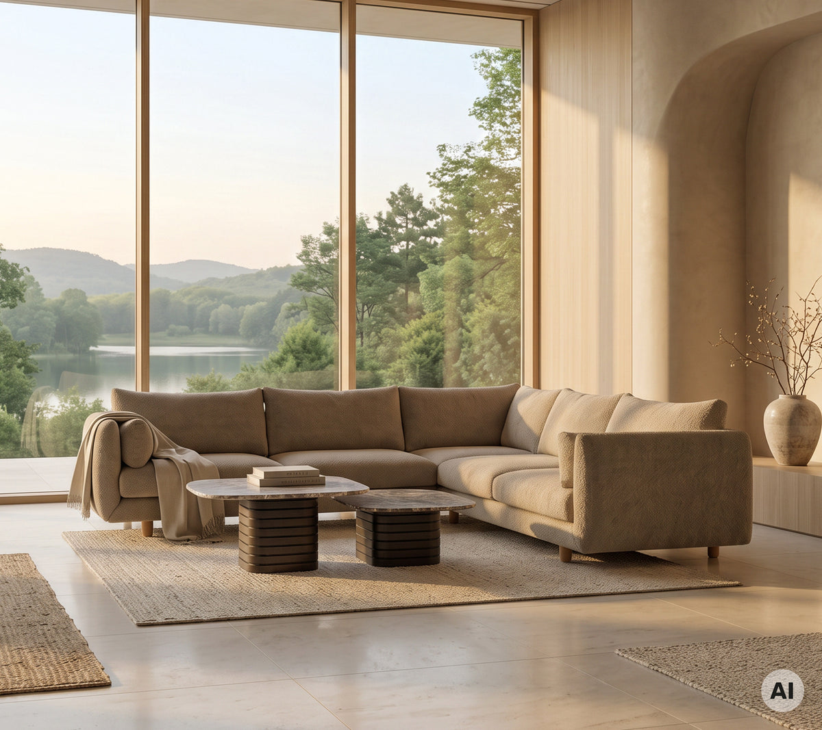 Beige seksjonssofa med et trebord og et lyst teppe i en moderne loungeinnstilling.