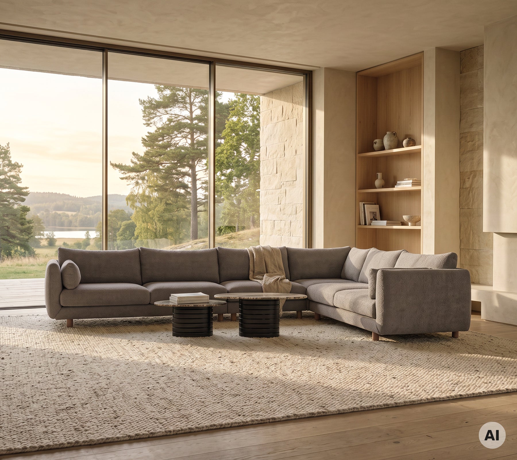Moderne grå sofa kombinert med svart salongbord i et romslig loungeområde.