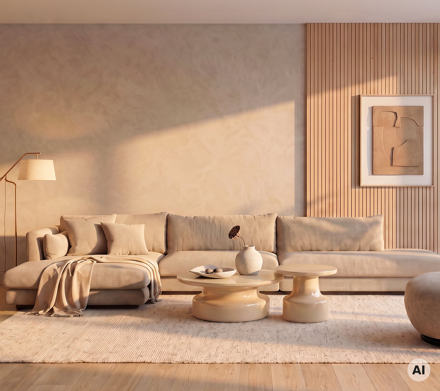 Beige sofa med puter og et rundt kaffebord i et moderne lounge-miljø.