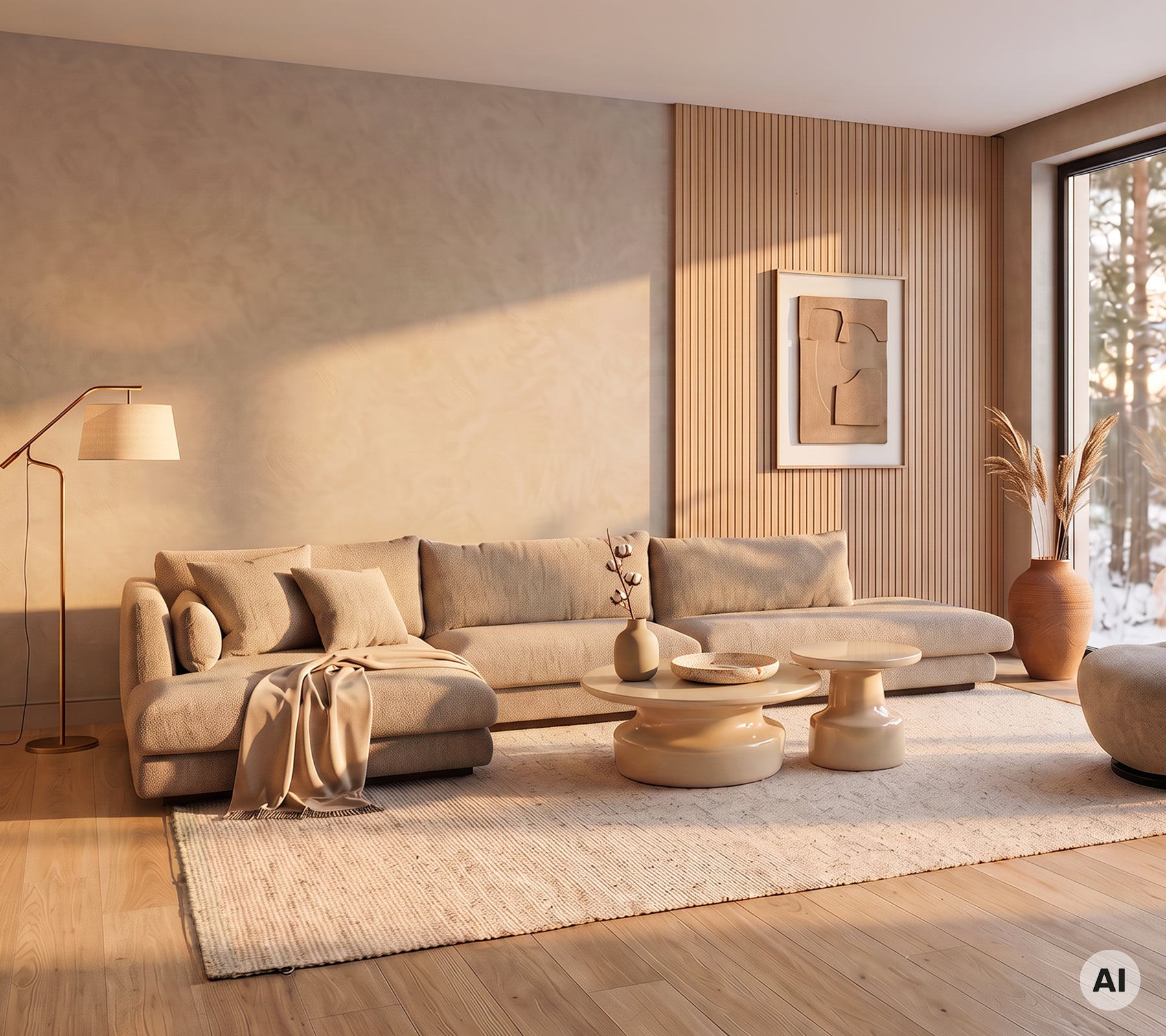 Moderne stue med en beige sofa, lys beige teppe, trebord og en beige puff.
