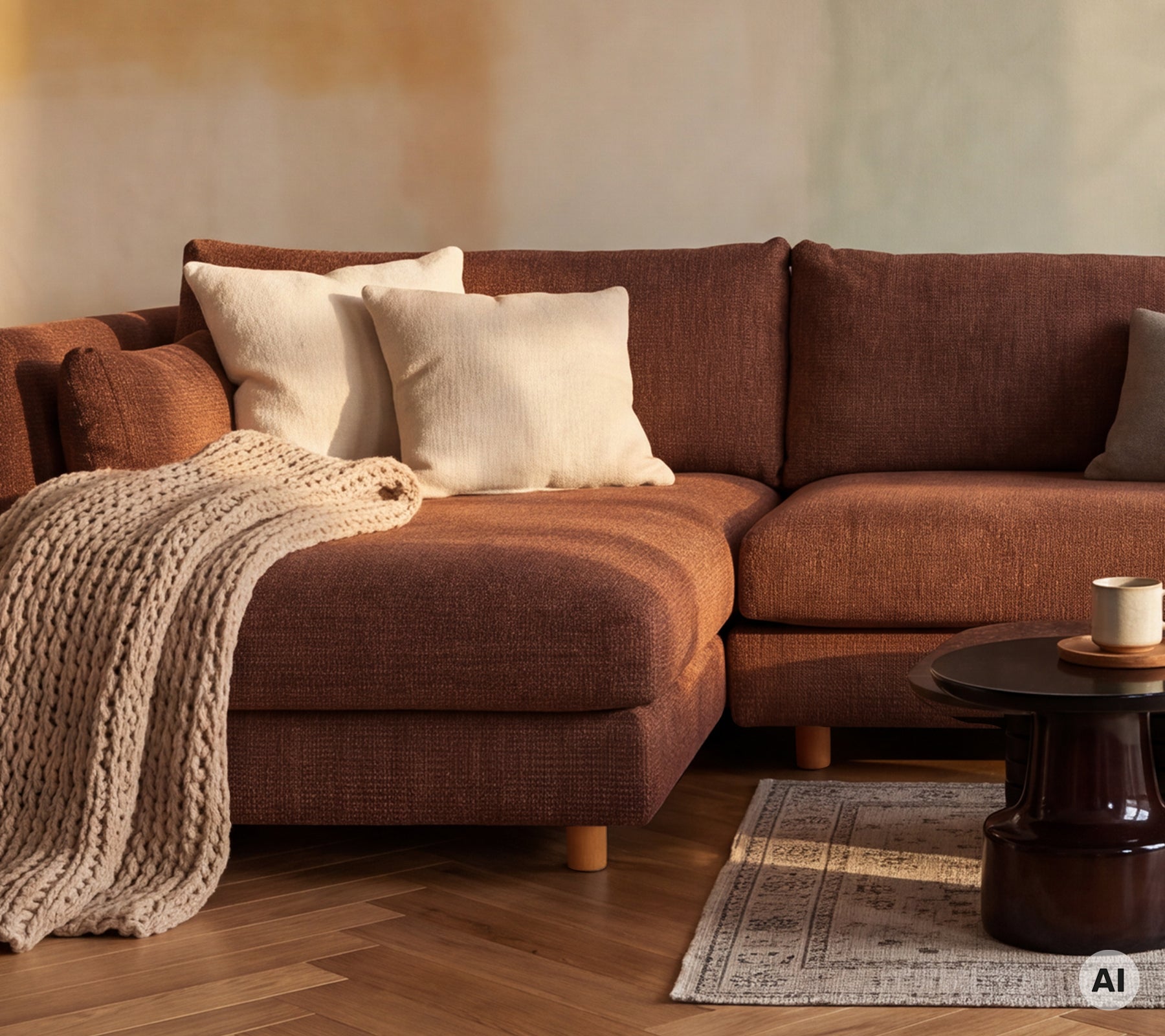 Koselig brun sofa med hvite puter og et brunt kasteteppe i en moderne lounge-setting.