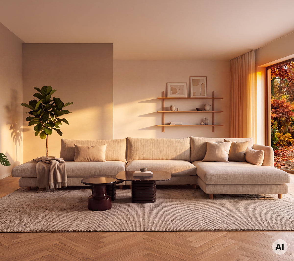 Beige sofa med et rundt svart bord og en grønn plante i en moderne loungeinnredning.