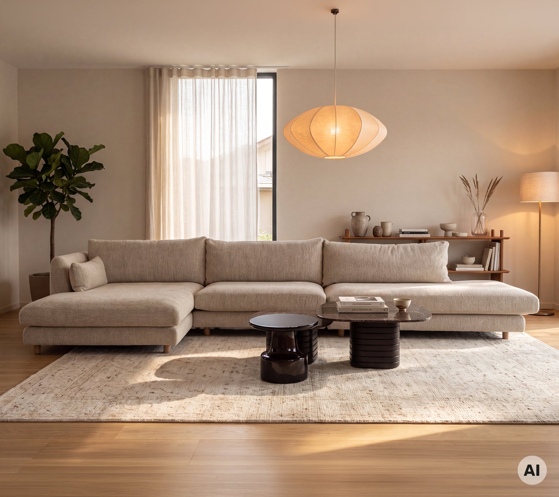 Moderne stue med en lys sofa modul og svarte sidebord i et minimalistisk miljø.