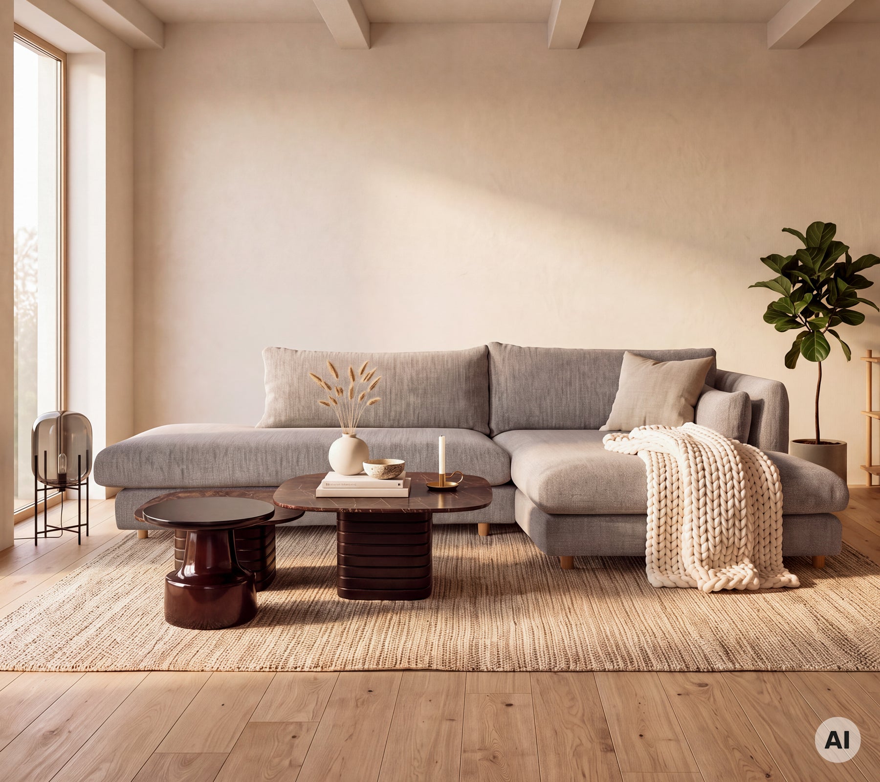 Moderne grå hjørnesofa med et trebord og et kremfarget teppe i en stilfull stue.