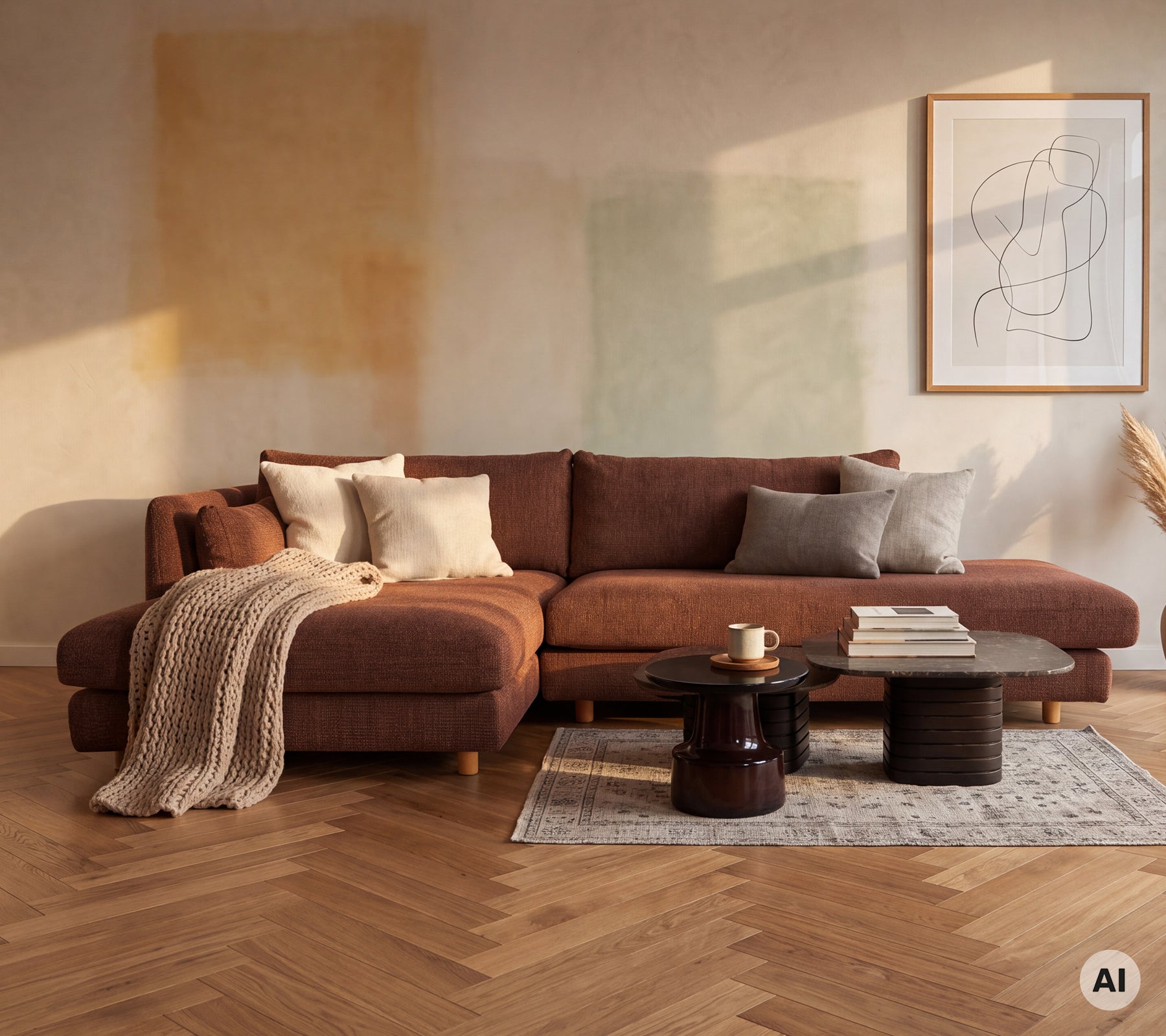 Moderne stue med en brun sofa, grå puter og et svart kaffebord.