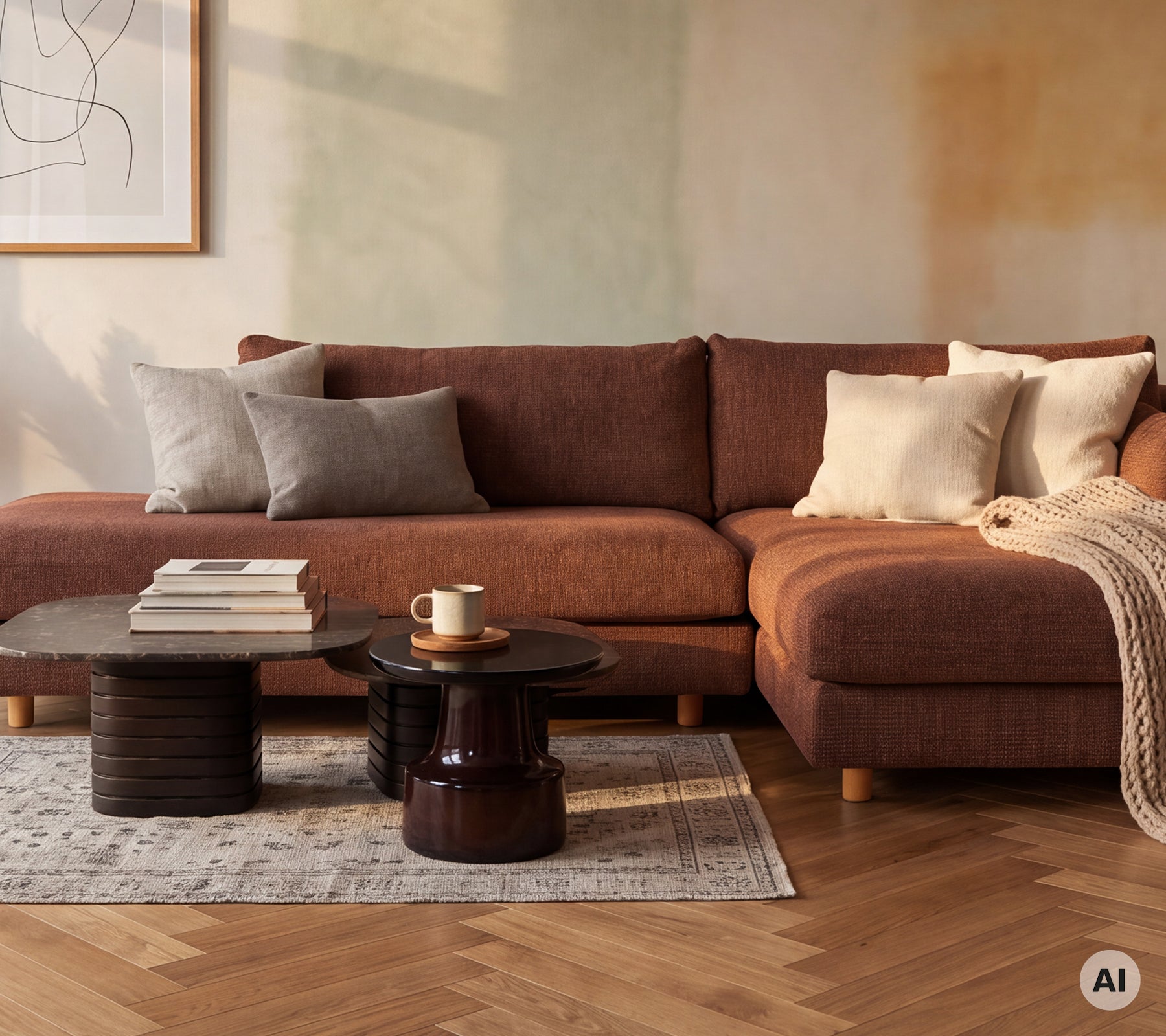 Koselig loungeområde med en brun sofa med grå og kremfargede puter og et svart bord.