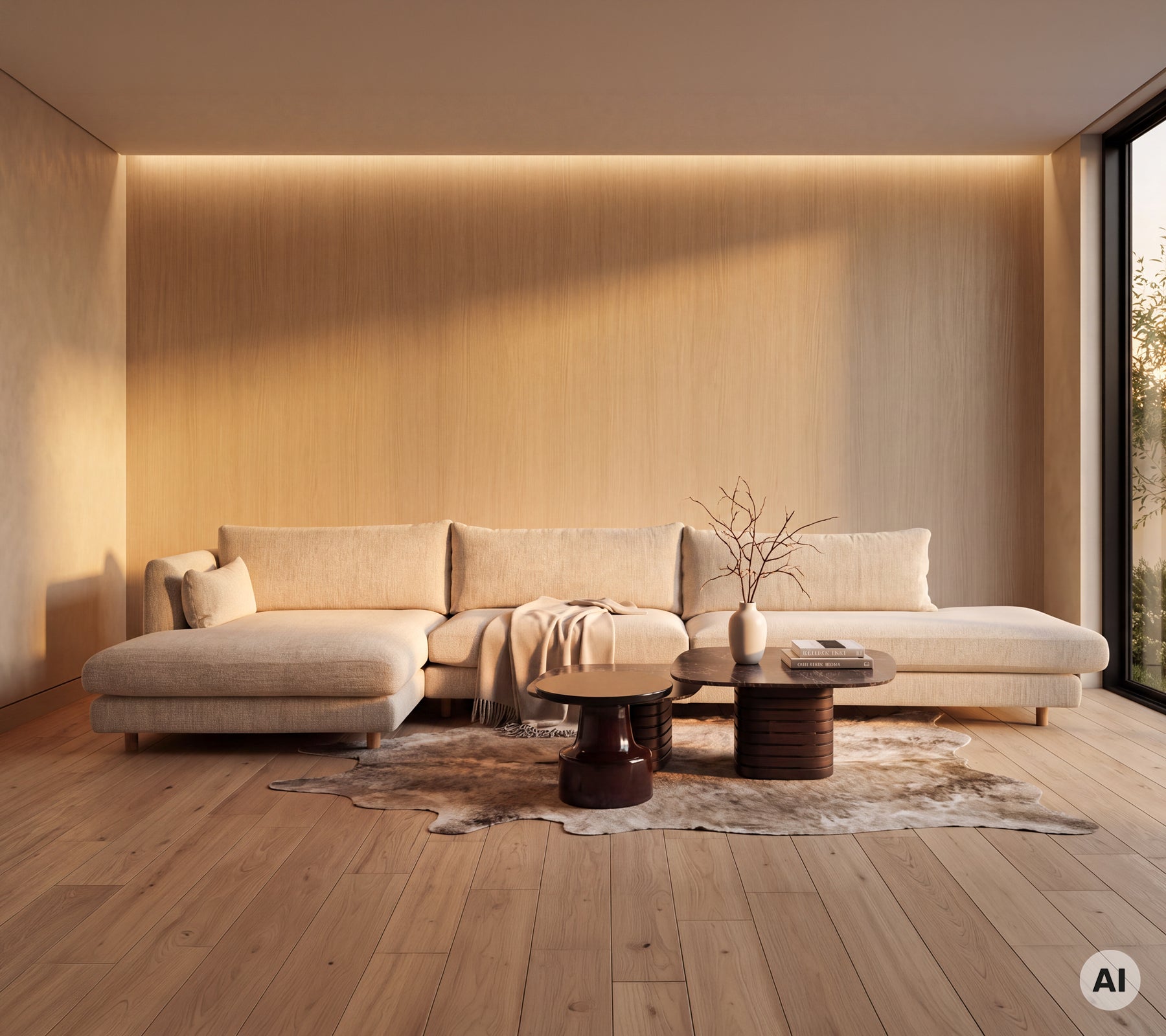 Moderne stueområde med en kremfarget sofa og et tremøbelt på en teppe.