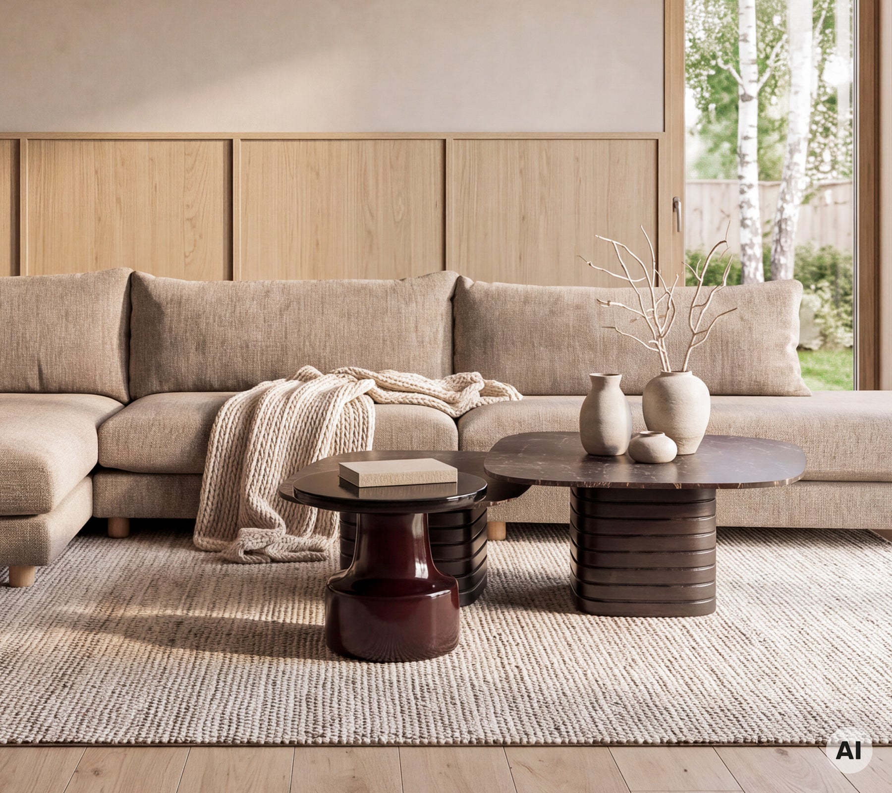 Moderne loungeområde med en beige sofa, brune og røde runde bord med dekorative vaser.