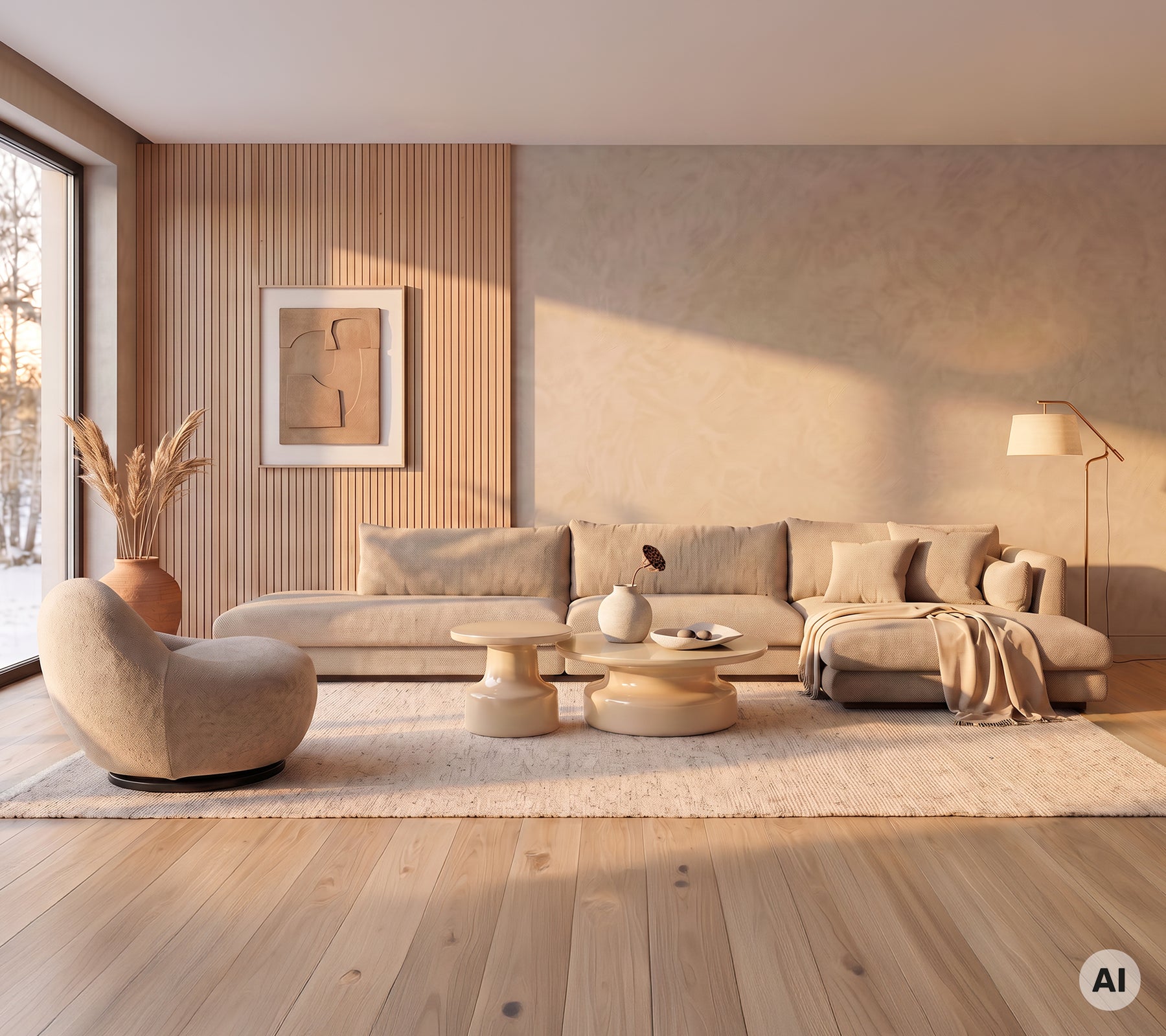 Beige sofa og chaiselong med rundt kaffebord i en moderne stueinnredning.