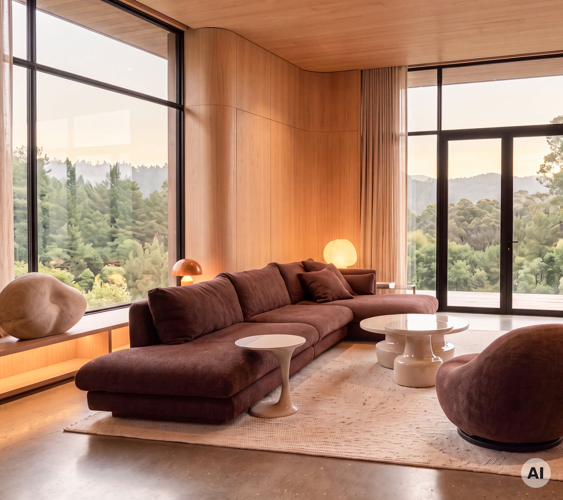 Moderne stue med en lilla sofa, hvit sidebord og rund stol med store vinduer.