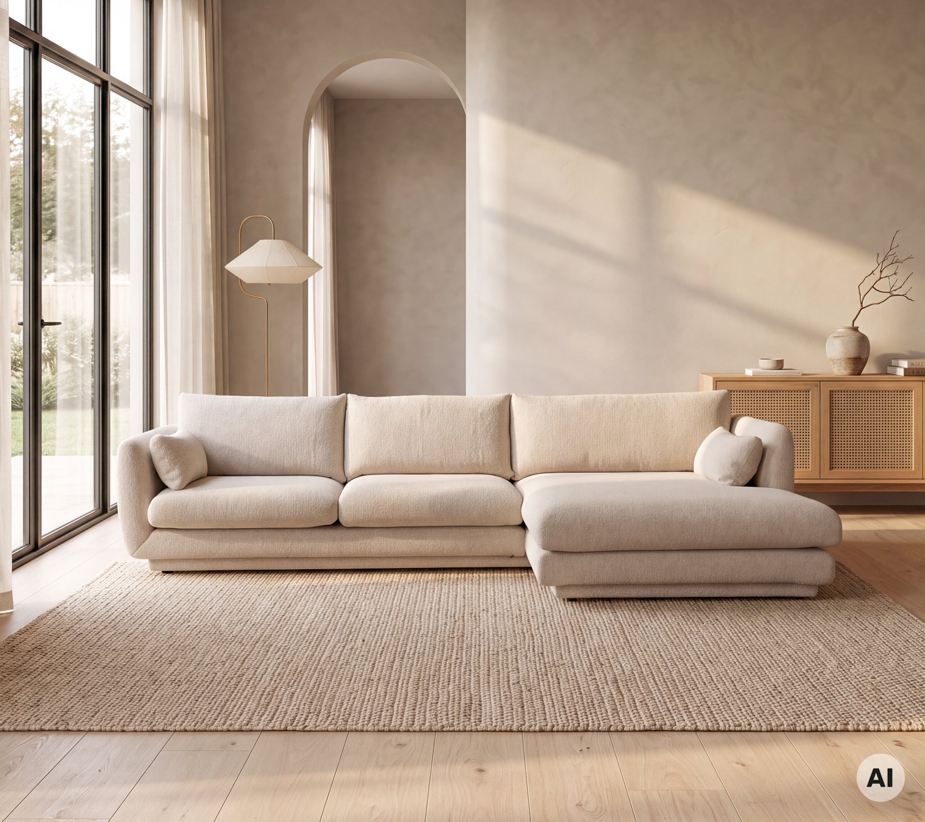 Moderne beige sofa i en minimalistisk stue med et teppe.