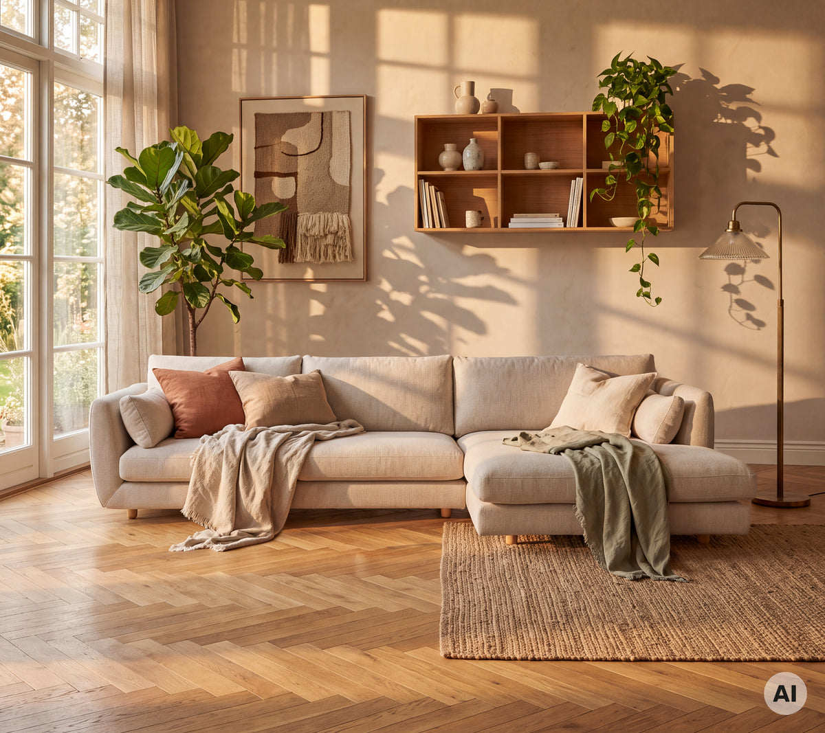 Koselig moderne stue med en beige sofa, rosa pute, grønn pledd og brun teppe.