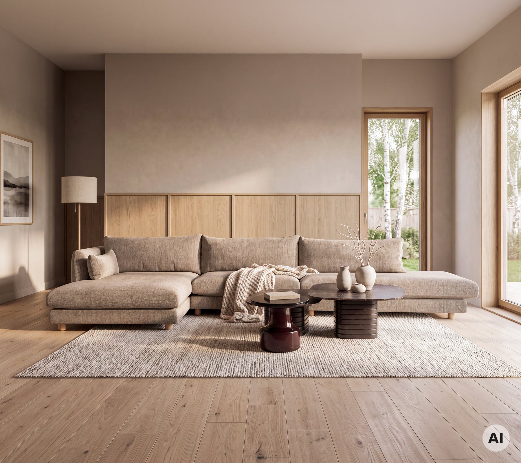 Moderne stue med en sofa, trebord og et teppe i en minimalistisk setting.
