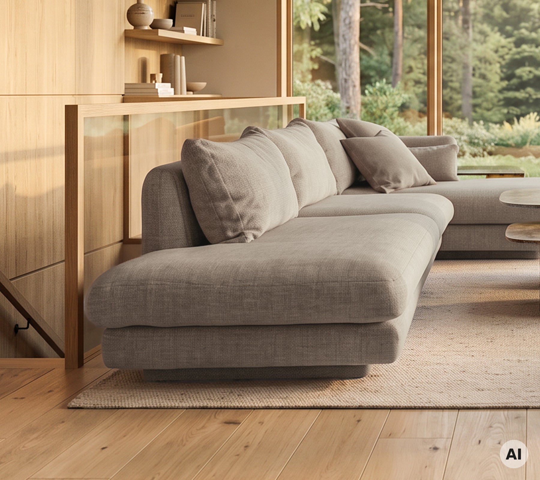 Moderne gråsofa med matchende puter i en minimalistisk loungeinnredning.