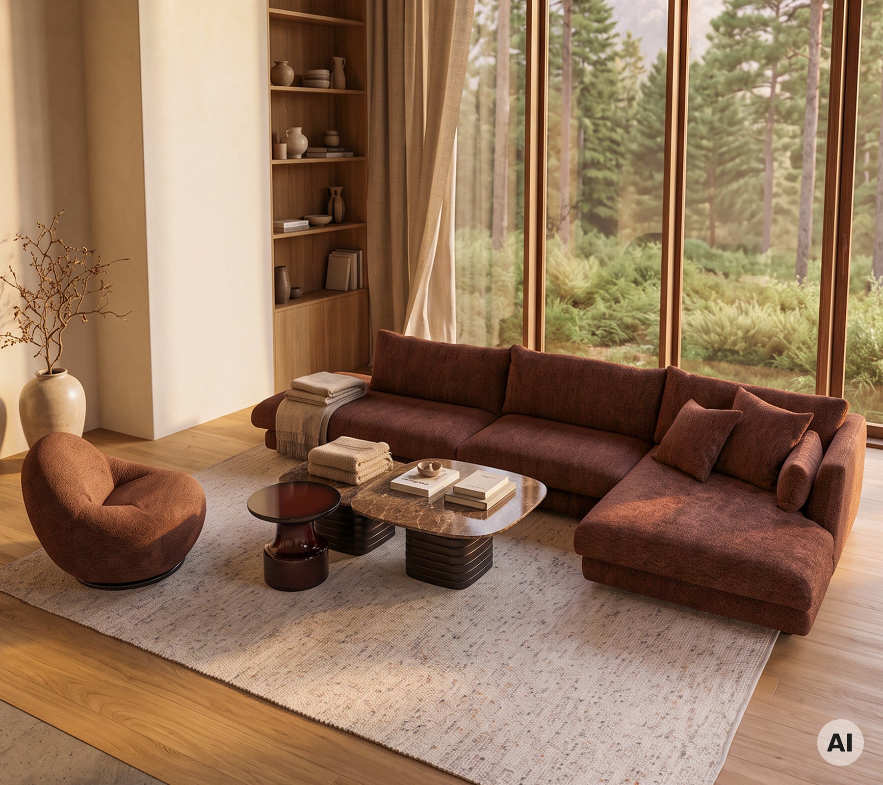 Koselig loungemiljø med en brun chaiselongsofa, accentstol og rundt kaffebord.