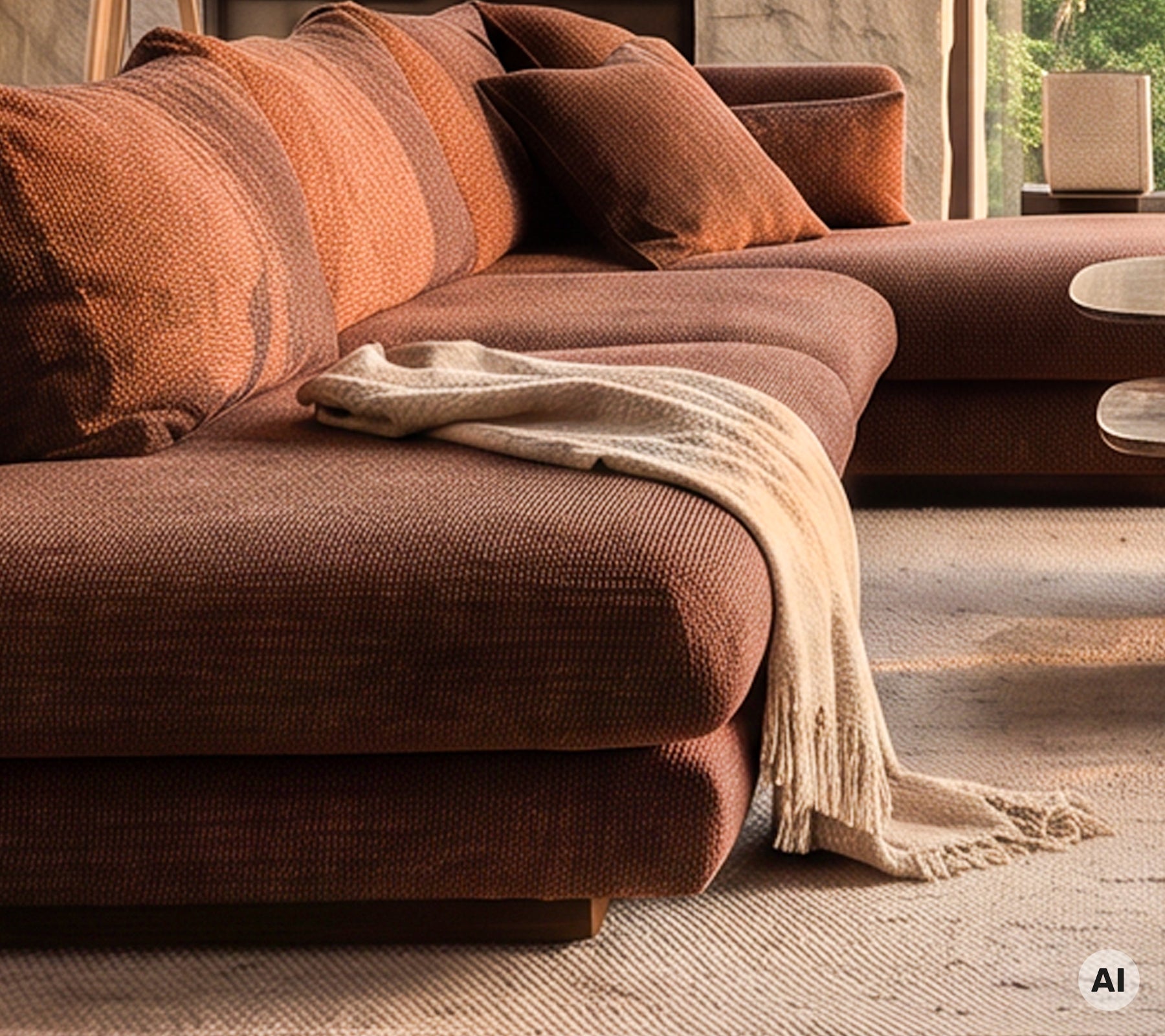 Moderne brun sofaset med puter og et teppe i en koselig stueinnredning.