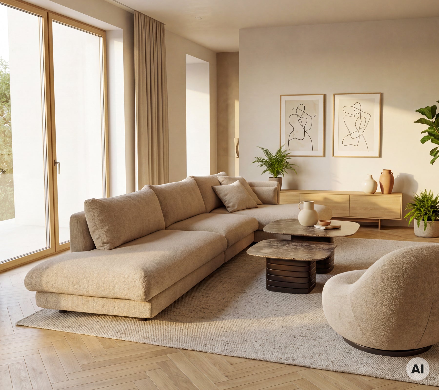 Beige sofa og lenestol med et rundt kaffebord i en moderne loungeinnstilling.
