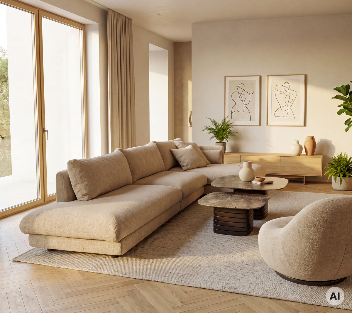 Beige sofa og lenestol med et rundt kaffebord i en moderne loungeinnstilling.