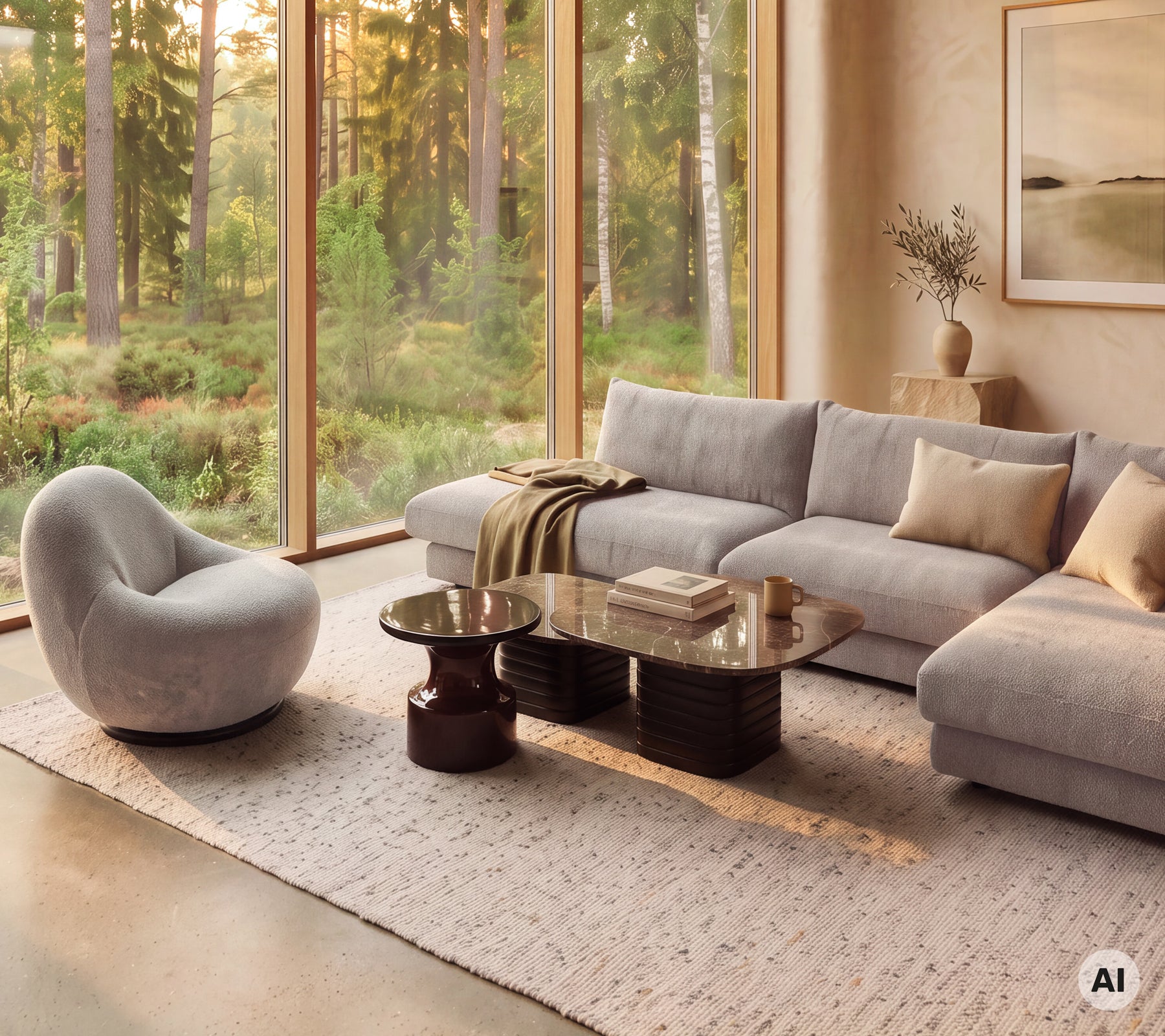 Moderne stue med en grå sofa, beige puter, et rundt kaffebord og en buet stol.