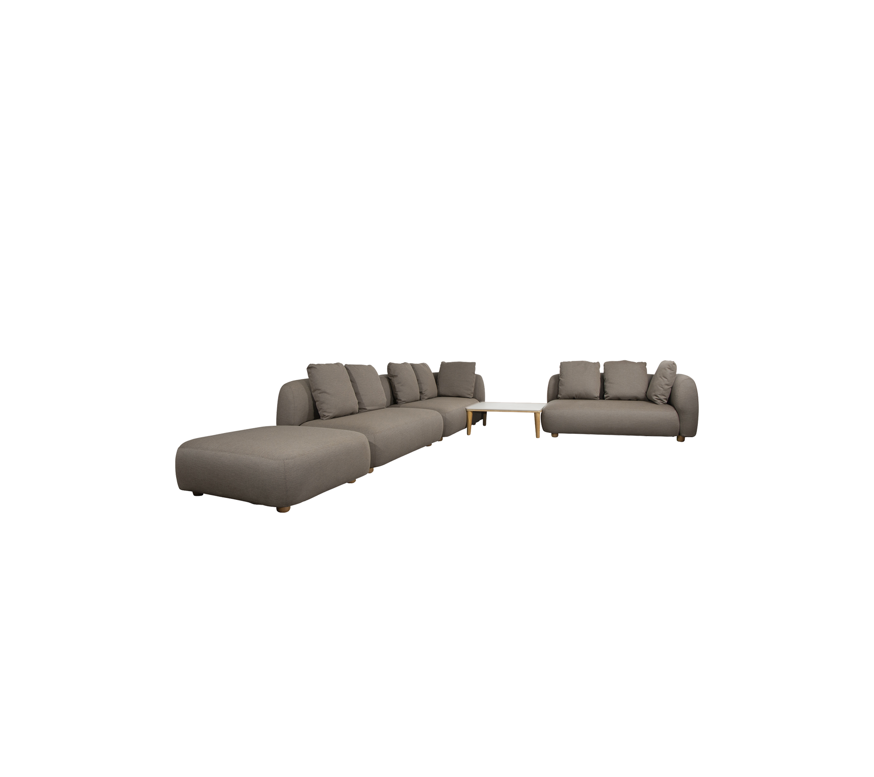 Moderne taupe seksjonssofa og loveseat i en stilfull lounge-setting.