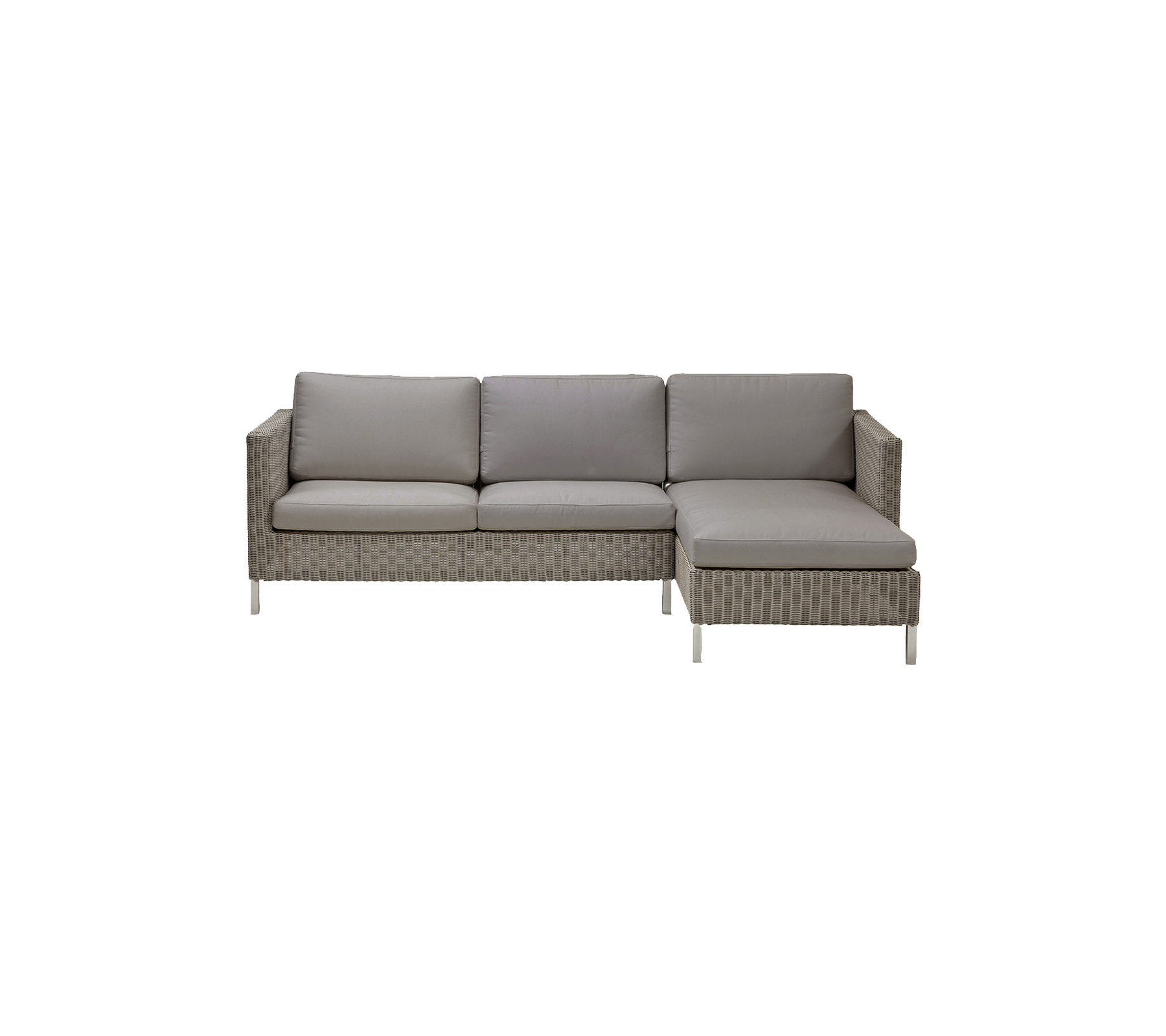 Moderne seksjonssofa i lys grå farge med komfortable puter, med et elegant design og vevd tekstur.