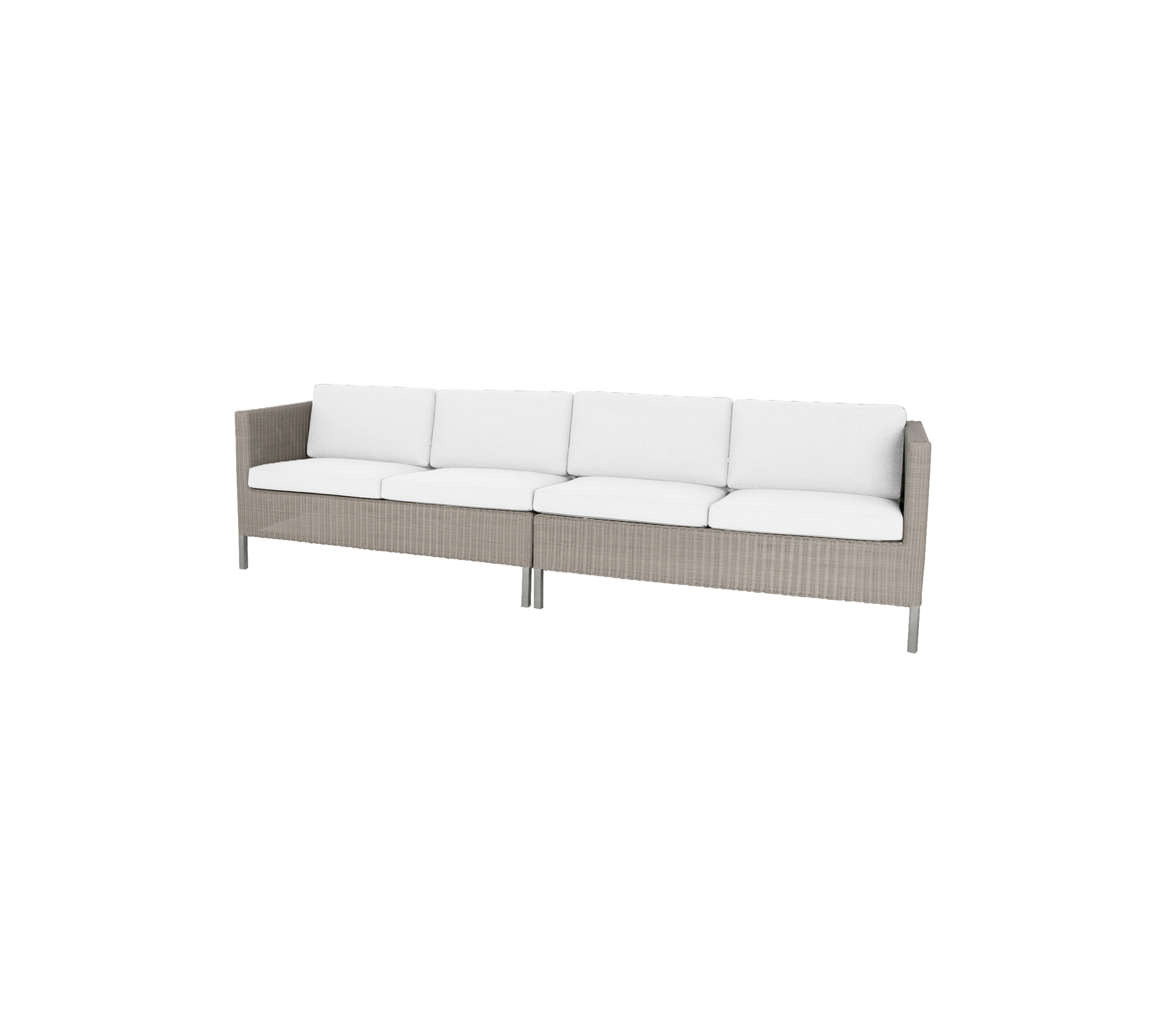Stilig sofa med vevd base og myke hvite puter, perfekt for å forbedre ethvert spisestue.