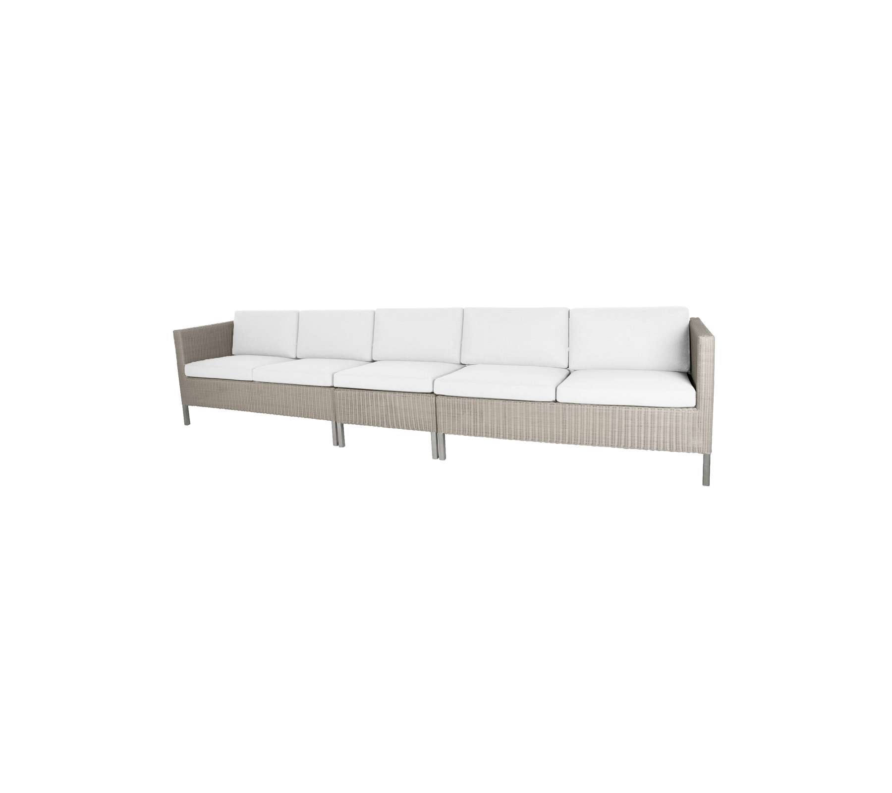 Elegant seksjonert sofa med en lys beige ramme og myke hvite puter, perfekt for middag eller avslapning.