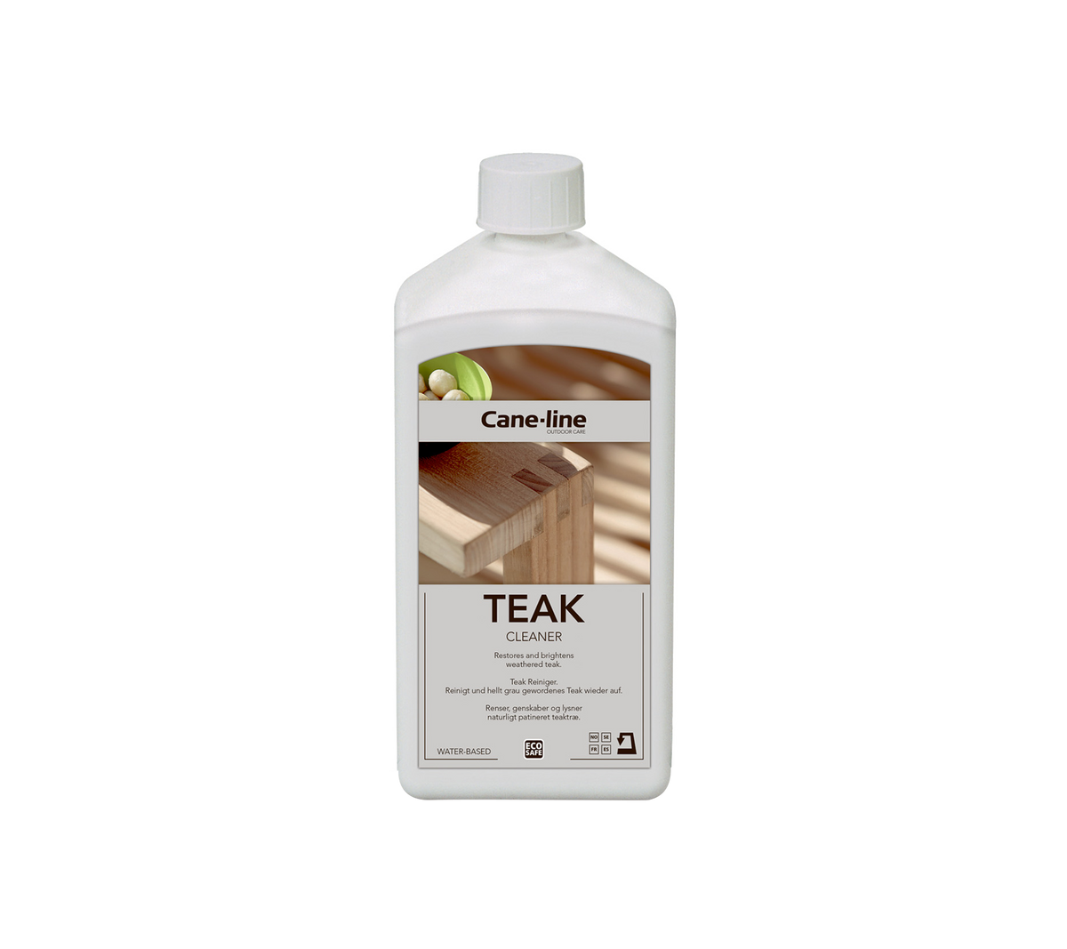 Flaske med teakolje for trepleie, med etikett som inneholder produktinformasjon og bruksanvisning.
