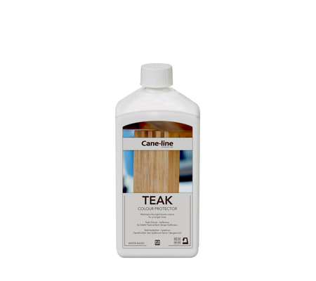 Beholder med teakfargebeskytter fra Cane-line, designet for å opprettholde og forbedre utseendet til teakoverflater.
