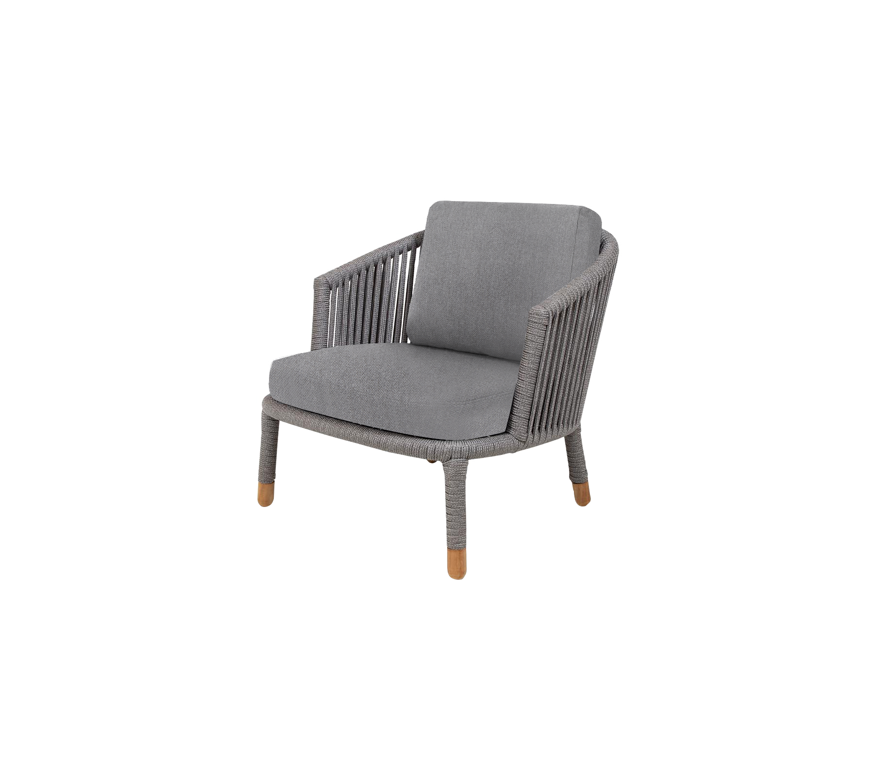 Stilfull grå stol med et vevd design og myk pute, med treben for ekstra eleganse og komfort. Ideell for avslapning.