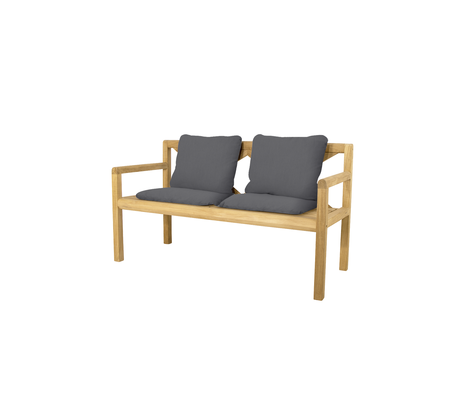 Elegant to-personers benk med en naturlig trestruktur og myke grå puter for komfort. Perfekt for avslapning eller sosialt samvær.