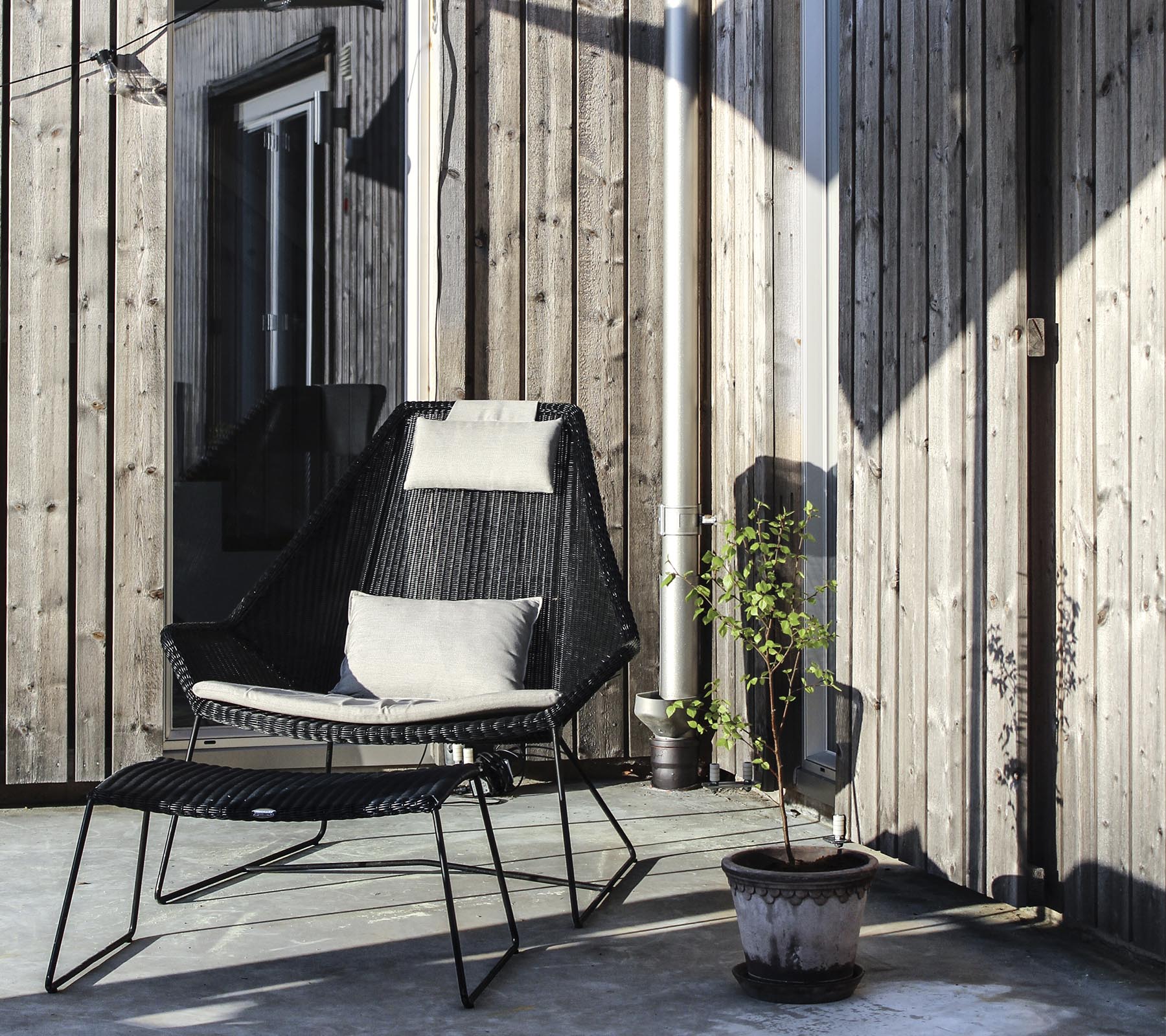 En stilren svart stol med en pute, plassert ved siden av en liten potteplante mot en trebakgrunn.