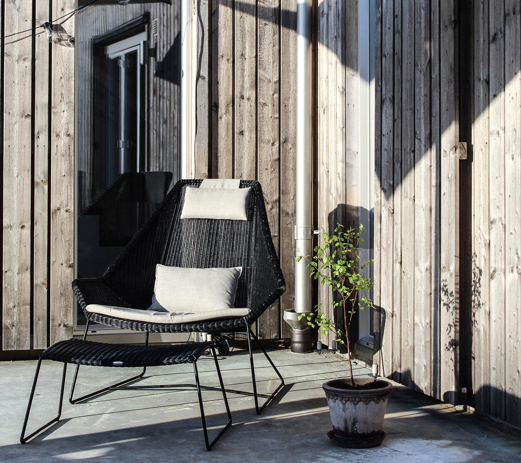 En stilren svart stol med en pute, plassert ved siden av en liten potteplante mot en trebakgrunn.